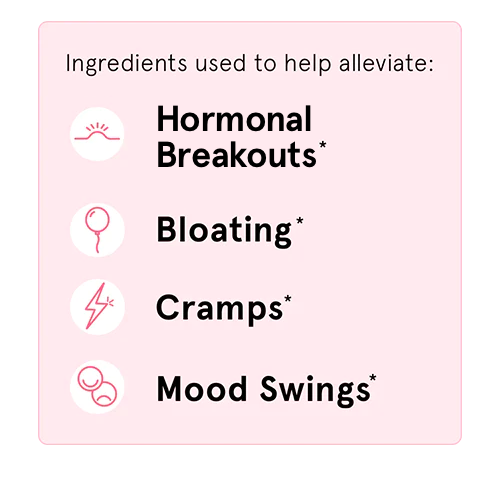 Ingredients used to help alleviate: Period Breakouts, Bloating, Cramps, Mood Swings
